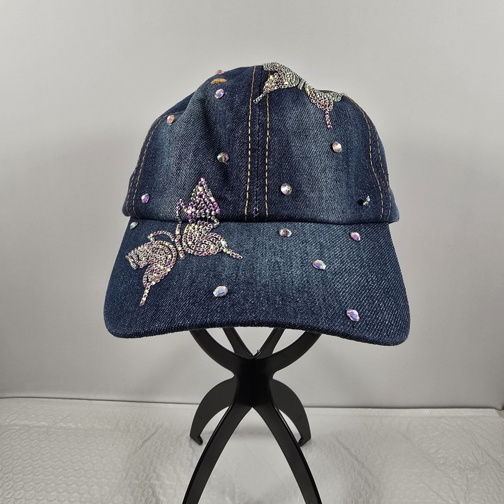 Y2K Style Denim Jeweled Butterfly Cap Adjustable